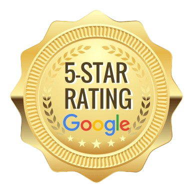 A gold badge displaying 5-Star Rating with the Google logo beneath, surrounded by laurel leaves and stars, representing high customer satisfaction.