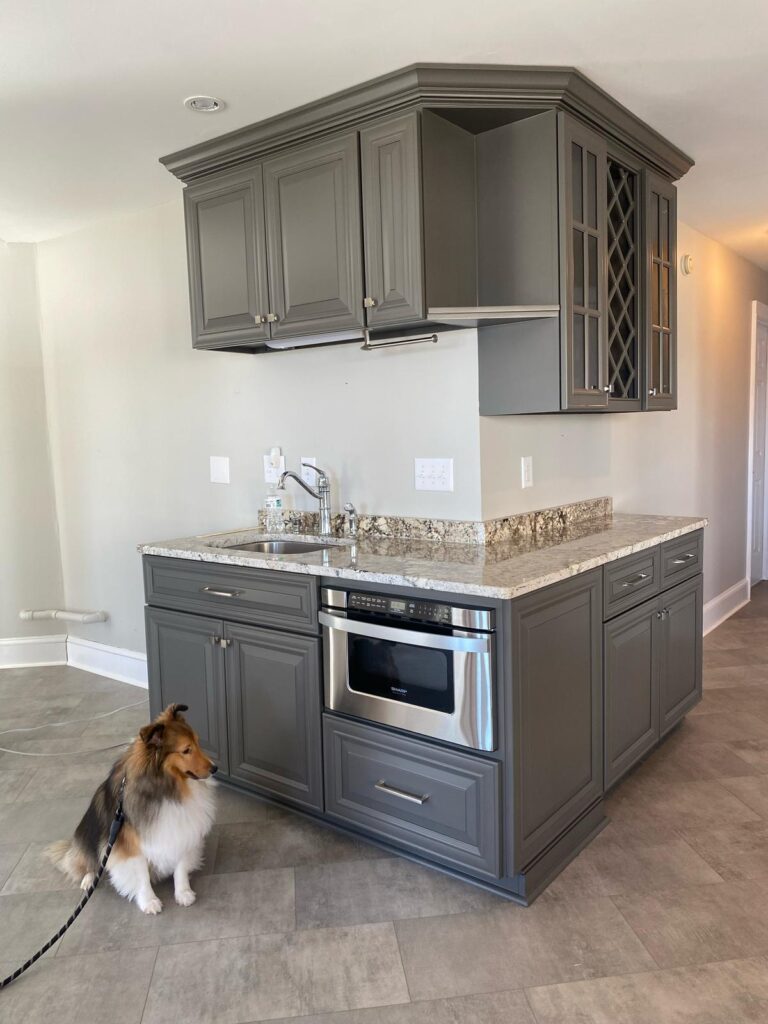 A brown and white dog sits on the tile floor beside a modern kitchen corner with gray cabinets, granite countertops, and a wine rack—showcasing the style of cabinet painting Charlotte homeowners love. The kitchen is clean and well-lit.