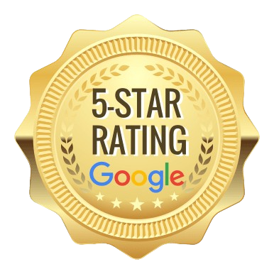A gold badge with laurel leaves and the text 5-Star Rating above the Google logo, symbolizing a high rating or positive review.