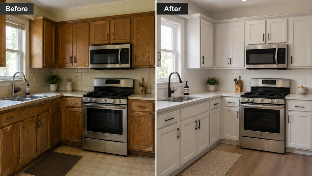 Before and after kitchen cabinet painting transformation by professional cabinet painter in Charlotte NC