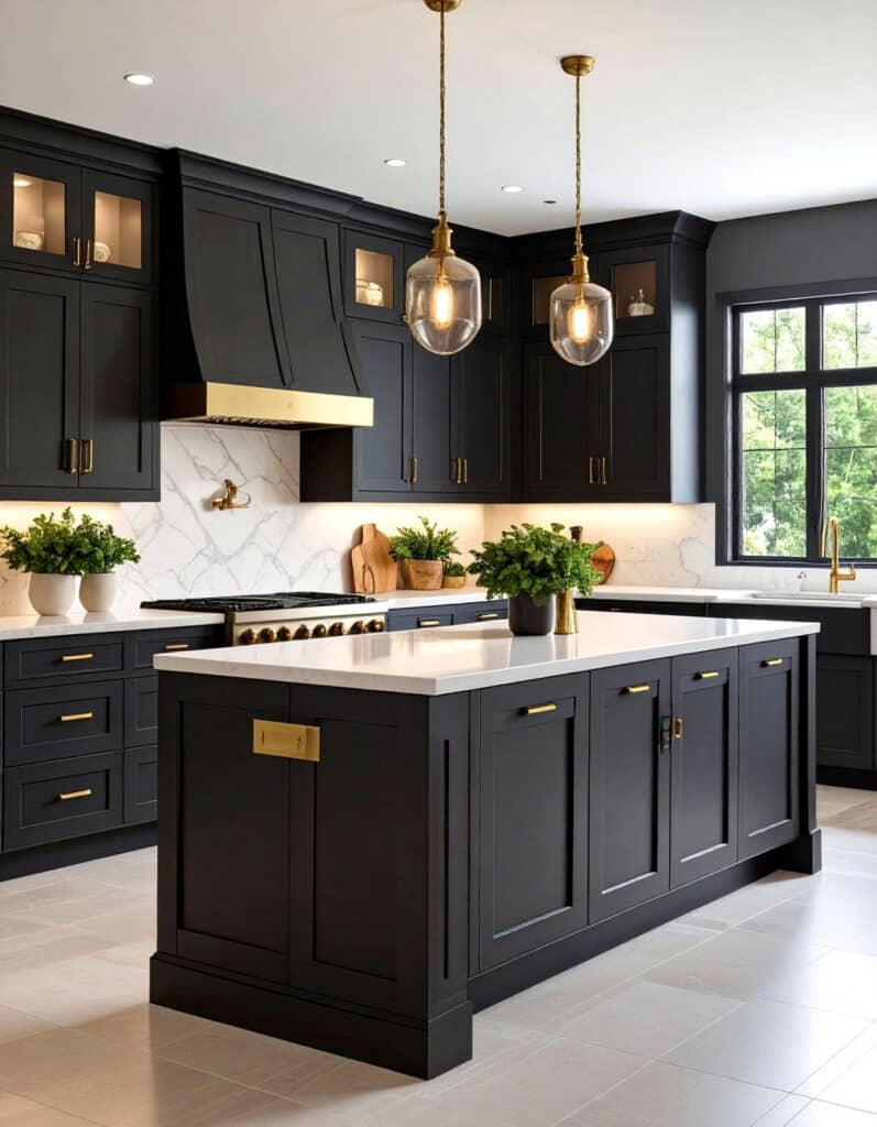 Soft black kitchen cabinets with brass hardware, marble backsplash, and a waterfall island countertop by Simpli Painted — cabinet painting Apex NC by Simpli Painted