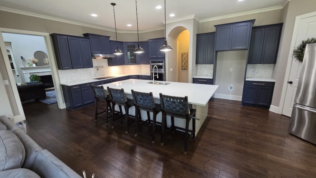 Cabinet refinishing services in Charlotte NC: dark blue kitchen cabinets refinished by Simpli Painted