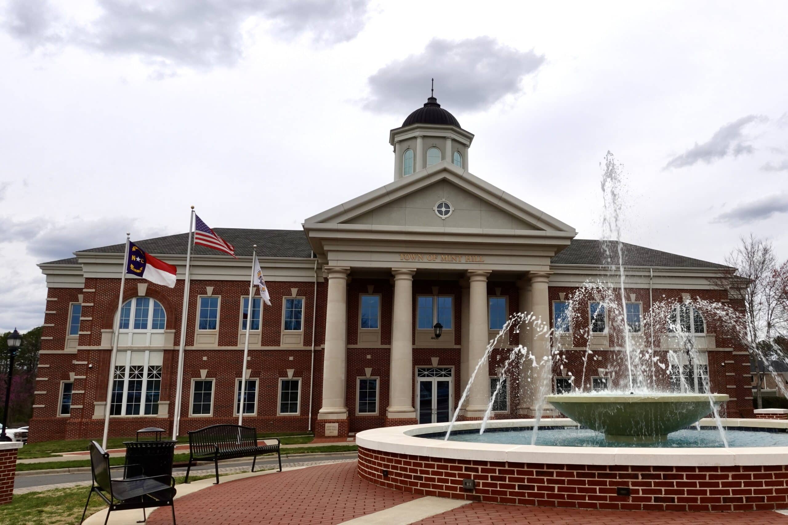 Mint Hill City Hall and fountain in Mint Hill, NC