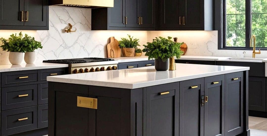 Soft black kitchen cabinets with brass hardware, marble backsplash, and a waterfall island countertop