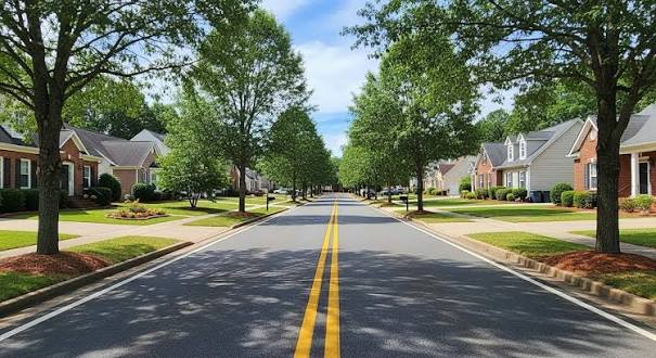 A quiet suburban street lined with trees, green lawns, and houses on both sides under a blue sky with scattered clouds reflects the charm of Wesley Chapel, where even details like cabinet refinishing can enhance the beauty of each home.